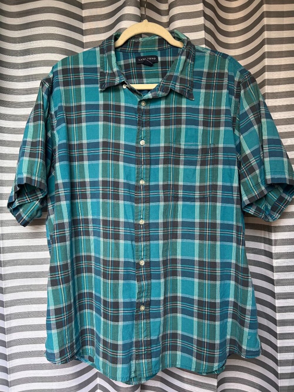 Lands End Men’s XL Teal Plaid Short Sleeve Button Down Shirt 100% Cotton